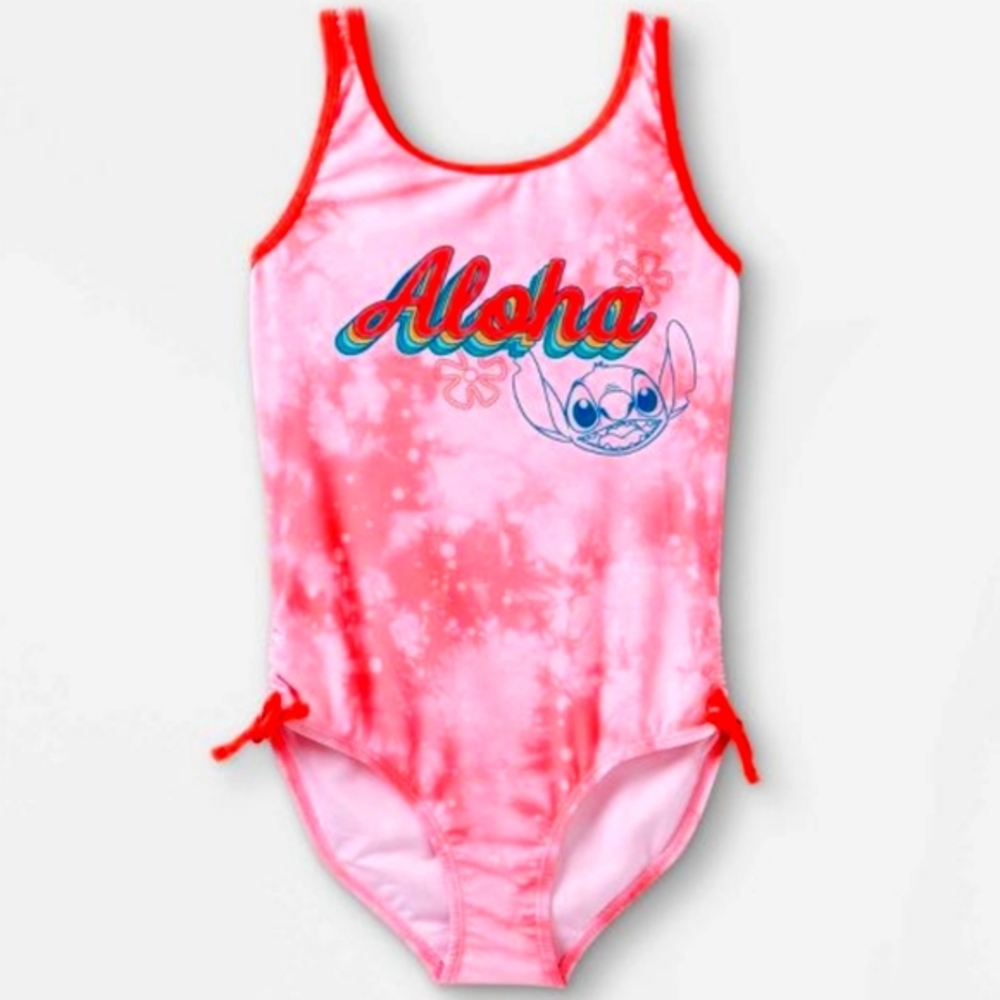 Disney Stitch Girl's One Piece Swimsuit Light Pink Tie Dyed Size  M(7/8)NWT - Picture 4 of 16